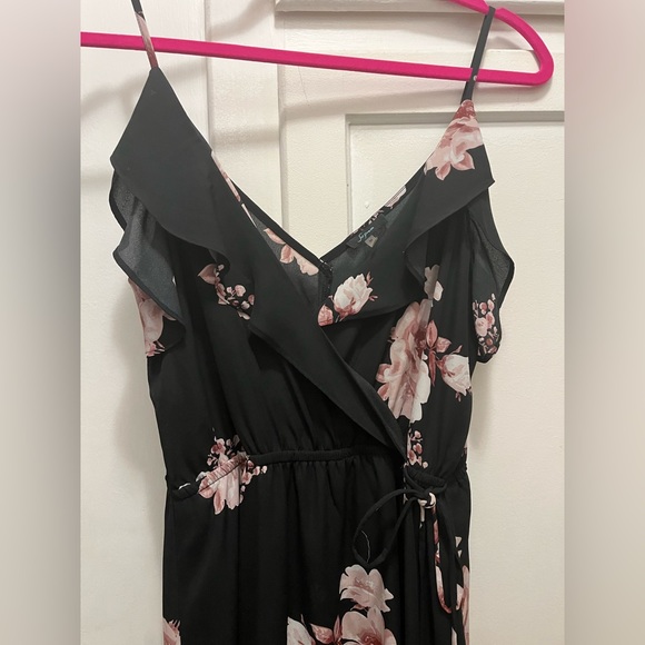 Black and Pink Floral Faux Wrap Dress - Picture 8 of 16